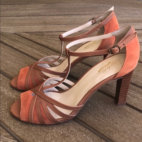 Seychelles Shoes - Seychelles T-Strap Peep Toe Pumps in Tan & Orange